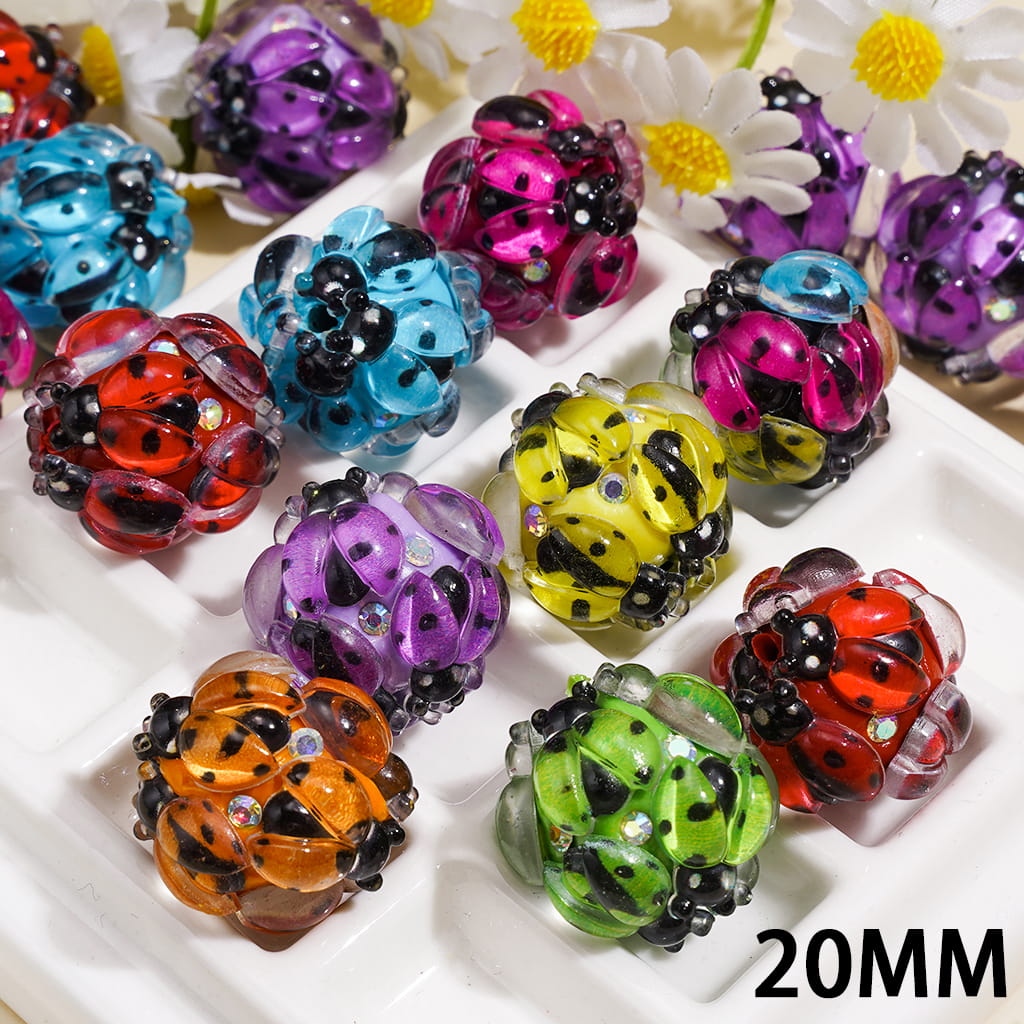 Clay Beads with Ladybug and AB Rhinestones, 20MM, Various Colors, Random Mix