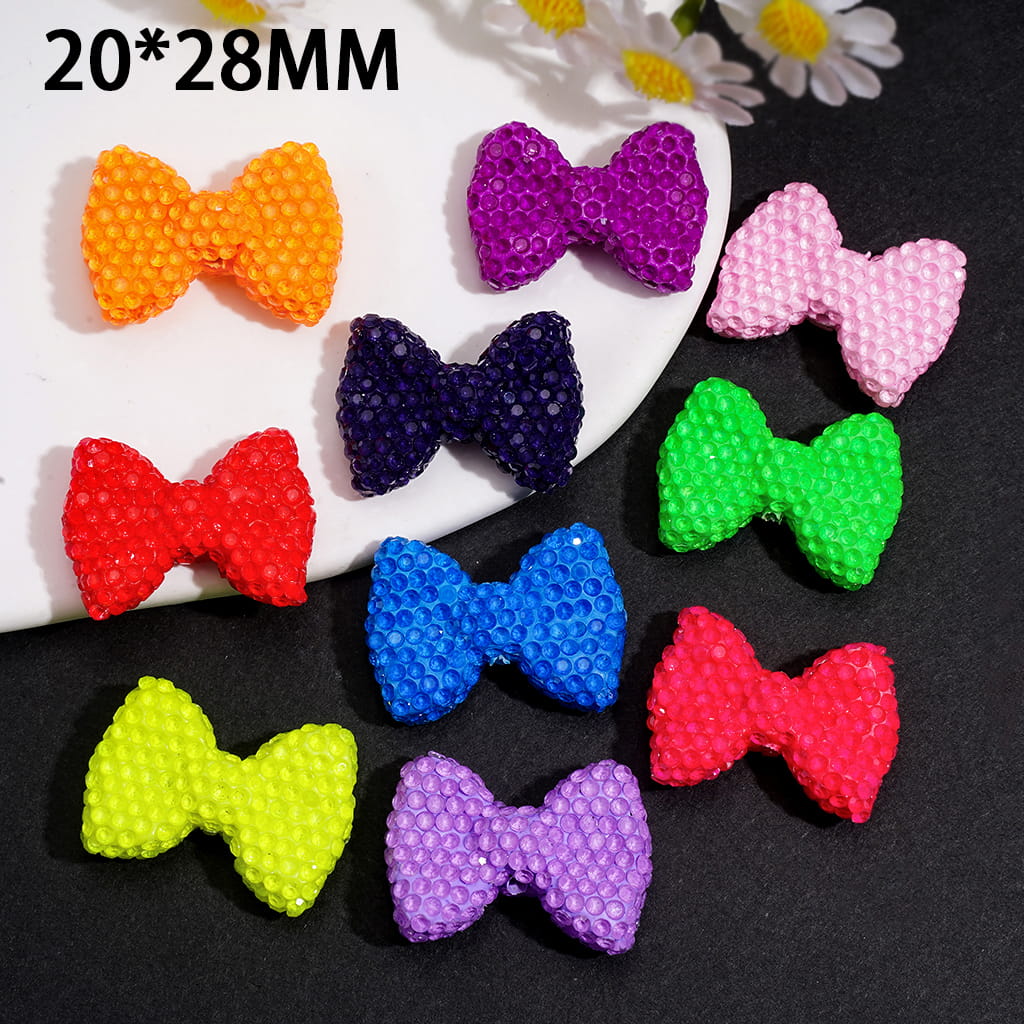Fluorescent Bow Clay Beads with Clear Rhinestones, 20*28MM, Random Mix