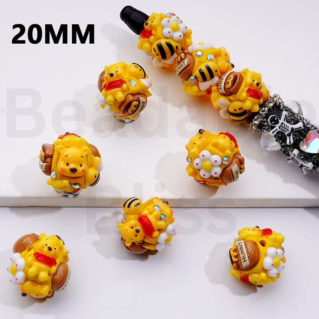 Clay Beads Cute Bee Storybook Small Flower Honey Bear Pot AB Rhinestones, Yellow 20MM