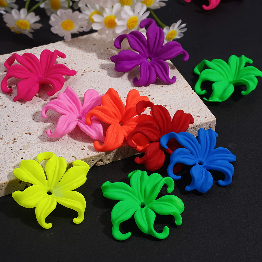 Acrylic Beads Matte Rubber Touch Flowers with Six Petals, Neon Colors, Random Mix
