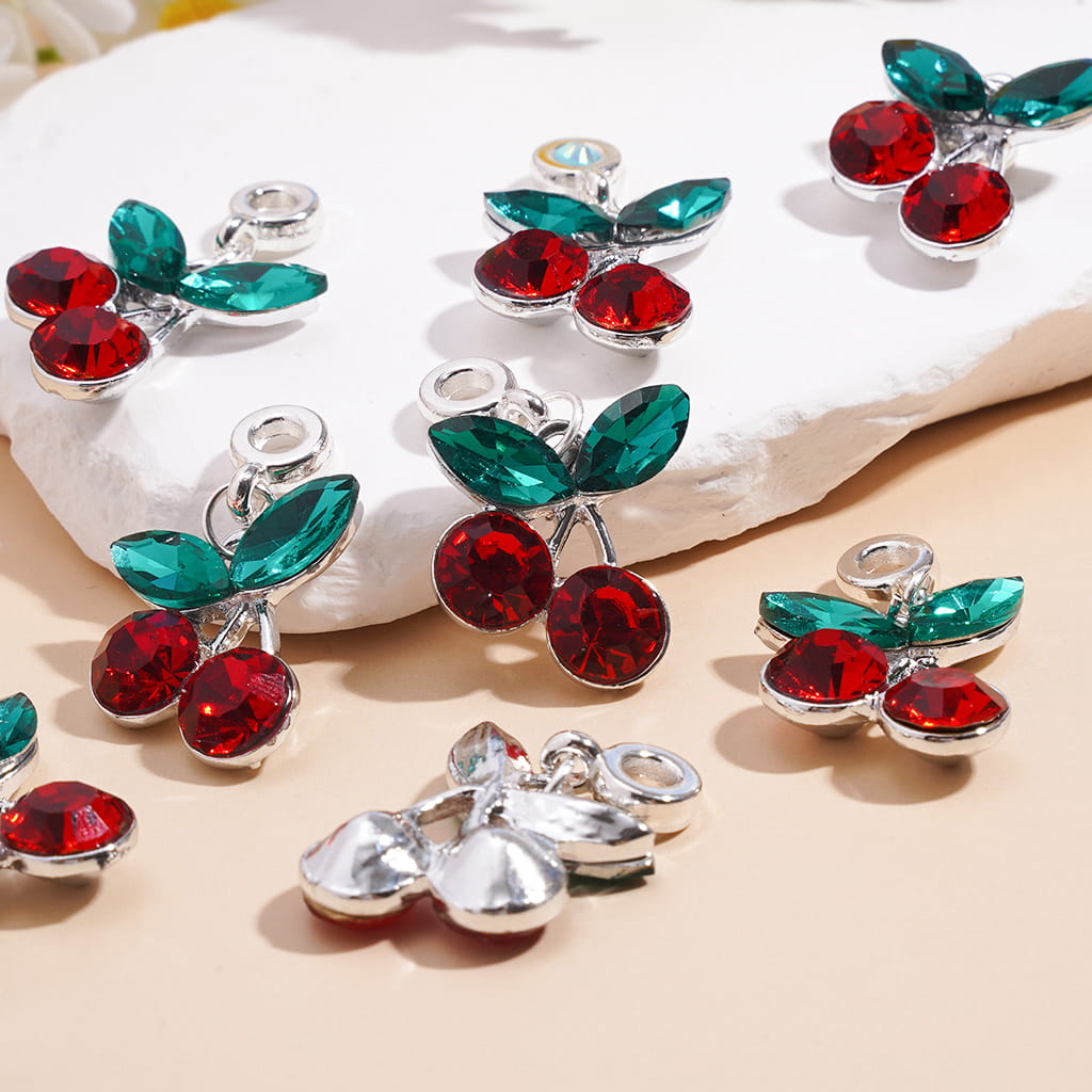 Silver Alloy Bail Loop Beads, Charm Pendants Cherry with Red Green Rhinestones, Jewelry Accessories