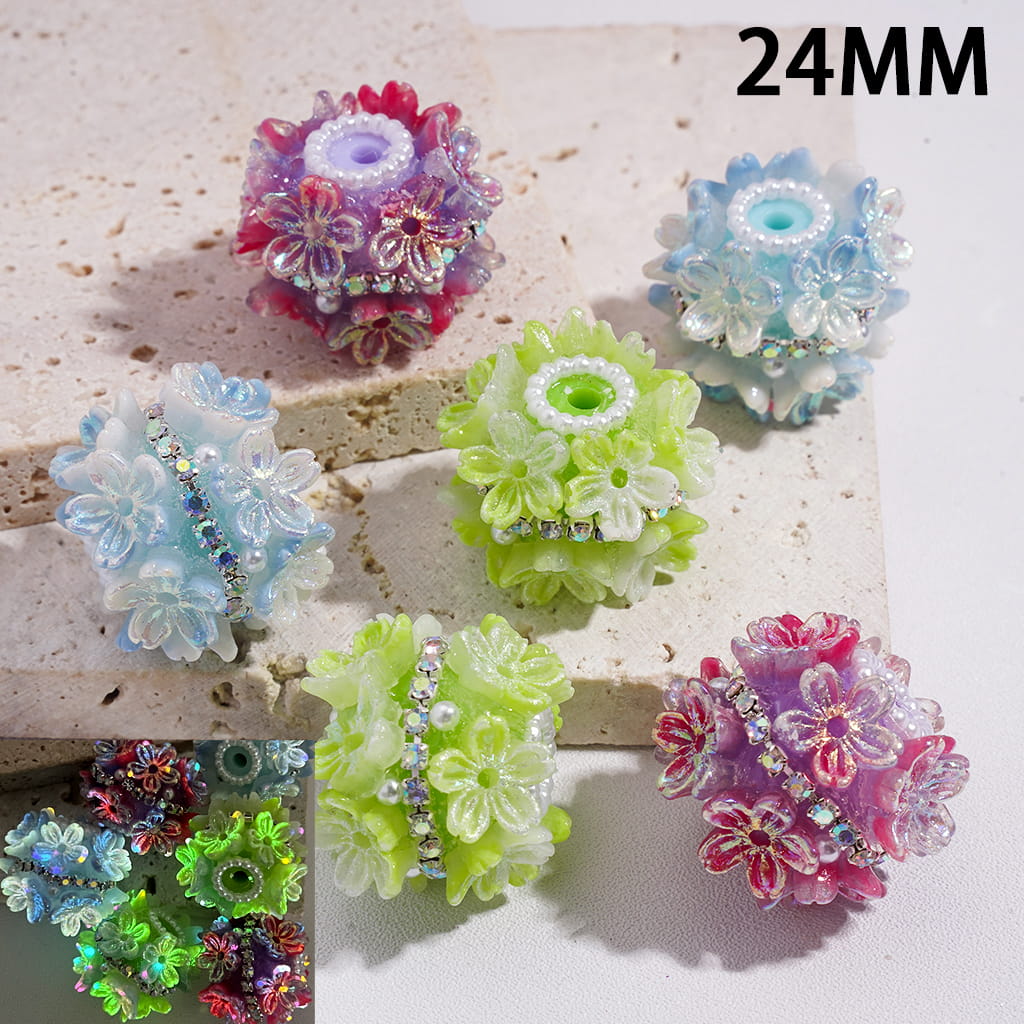 Clay Beads Luminous Shiny Flowers AB Rhinestones Chains White Pearls, 24MM, Random Mix