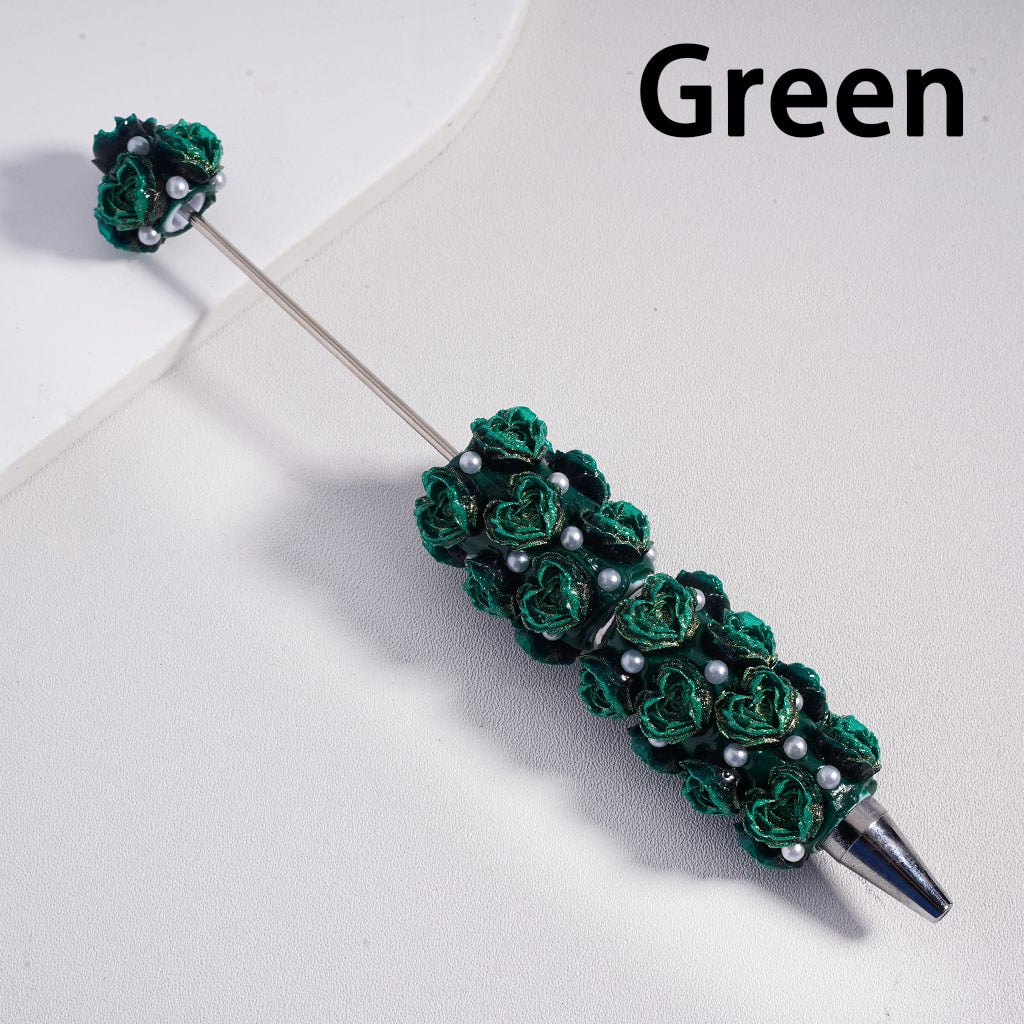 Beadable Clay Pen Luminous with Heart Shape Rose Flower White Pearls