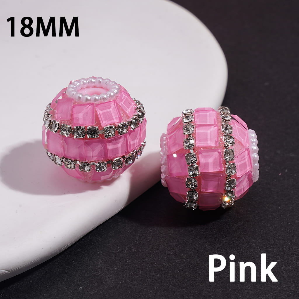 Handmade Acrylic Beads with Square Rhinestones, Clear Rhinestone and White Pearl Chains, 18MM, Neon Color