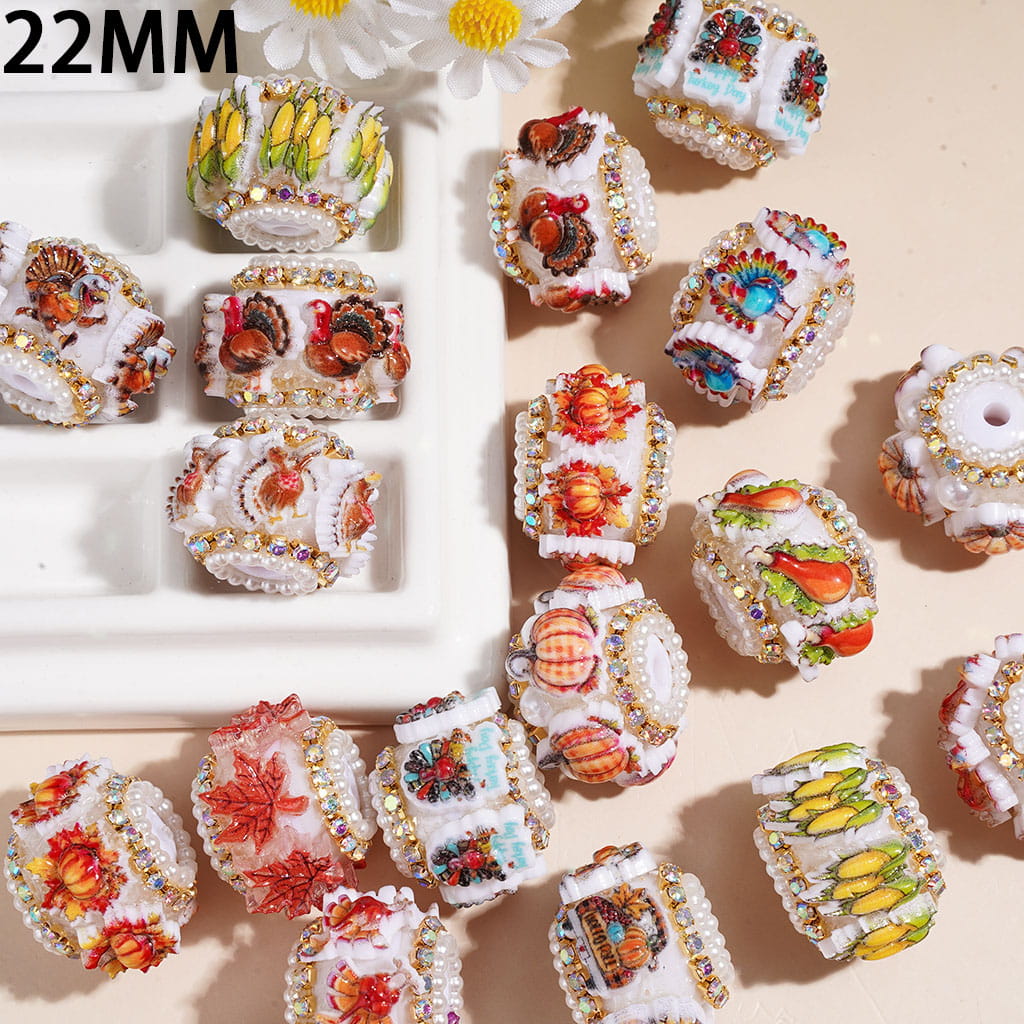 Handmade Acrylic Beads with Thanksgiving Day Theme, White Pearl & Metal Chains with AB Rhinestone, 22MM Random Mix