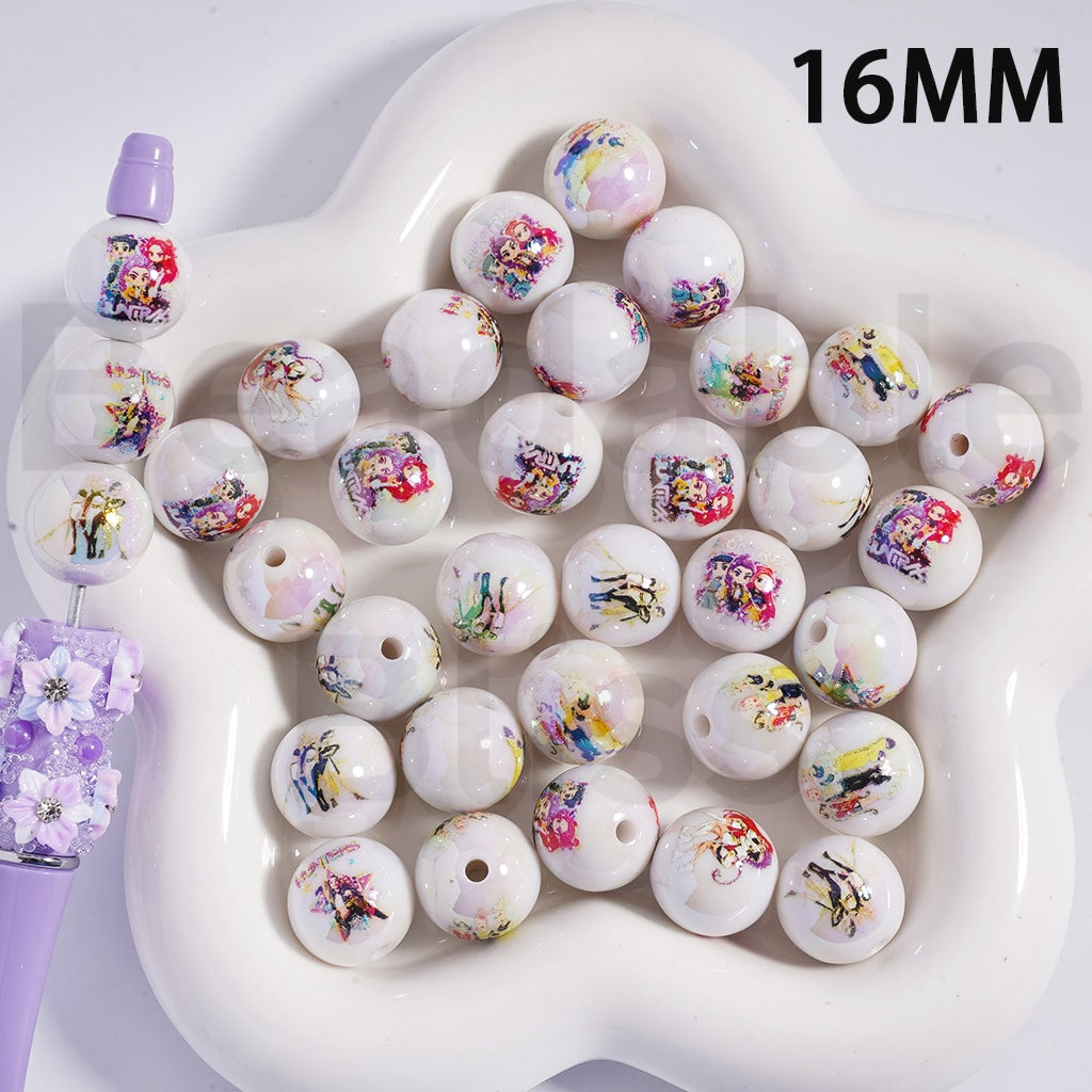 Acrylic Beads UV Coating Girl Group Hunt, White, 16MM, Random Mix