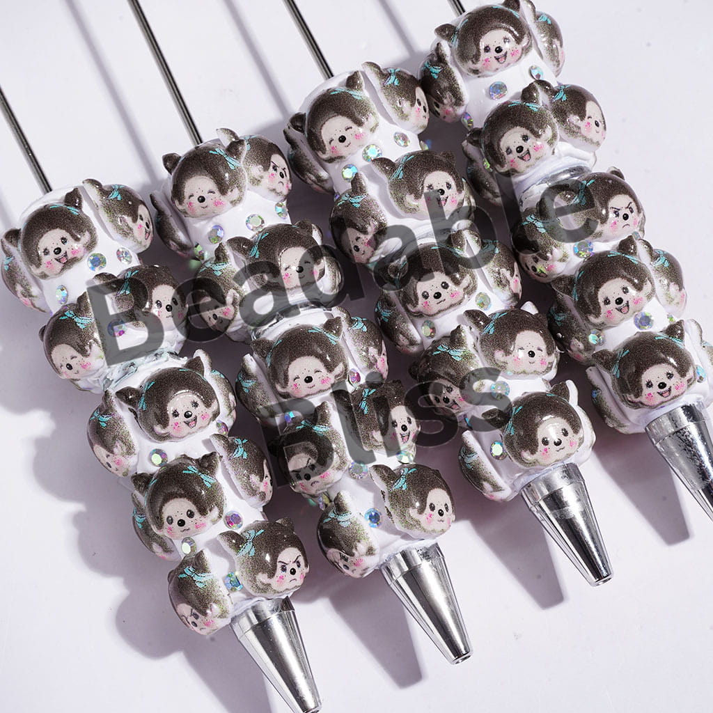 Beadable Clay Pens with Baby Girl Monkey Doll Character and AB Rhinestones
