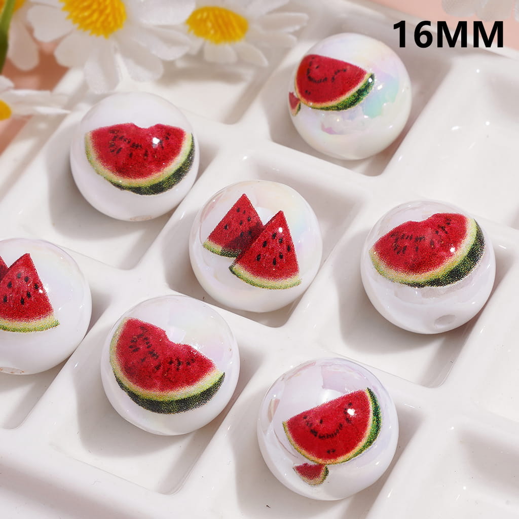 Acrylic Beads for Bracelets with Watermelon Prints, 16MM, Random Mix