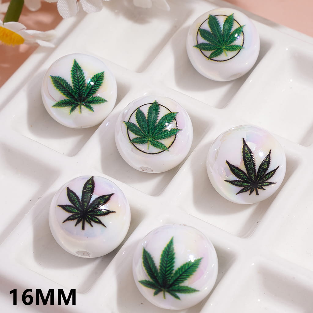 Acrylic Beads for Bracelets with Green Addictive Leaf Patterns, 16MM, Random Mix