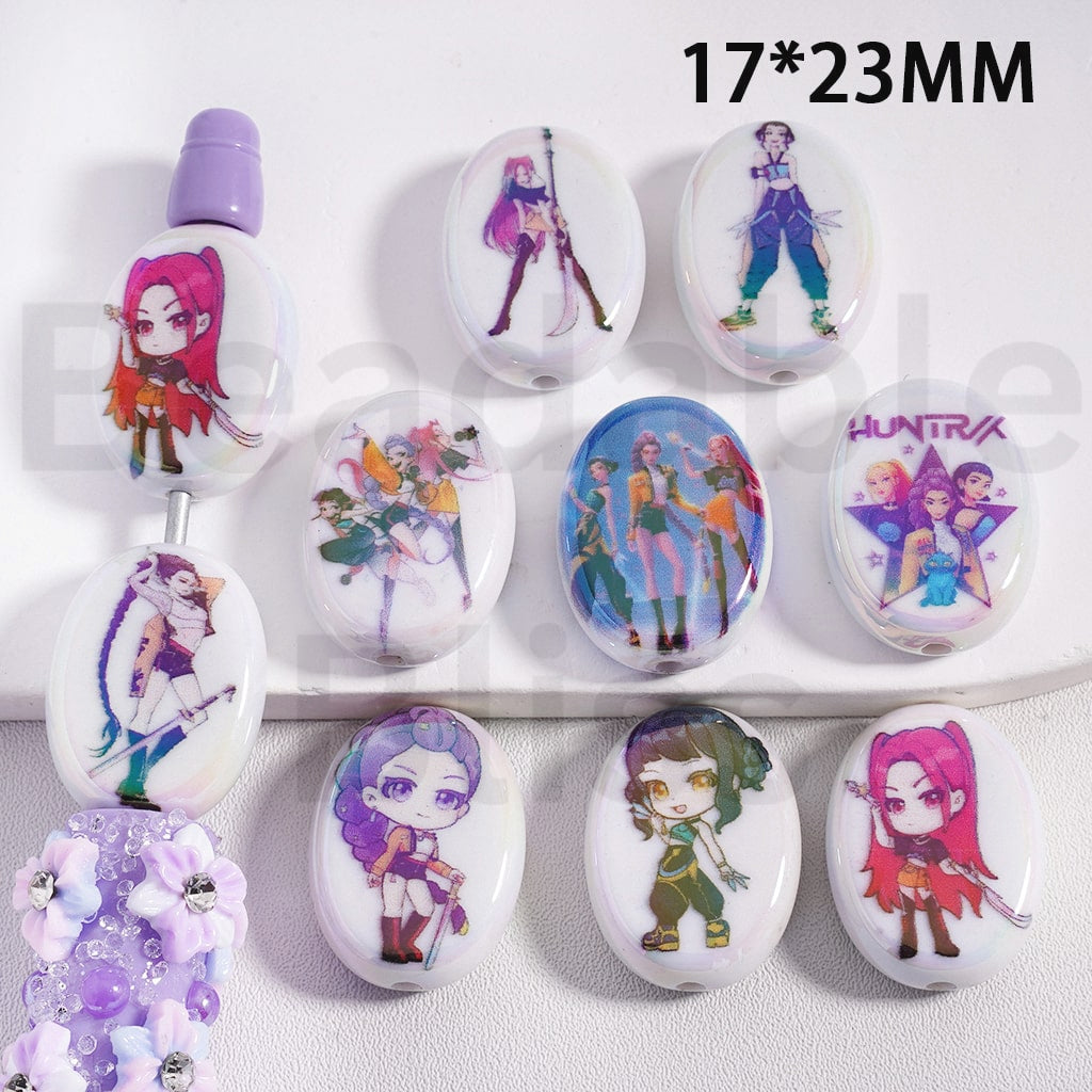 Acrylic Beads UV Coating Girl Group Hunt, Flat Oval Shape, 17*23MM, Random Mix