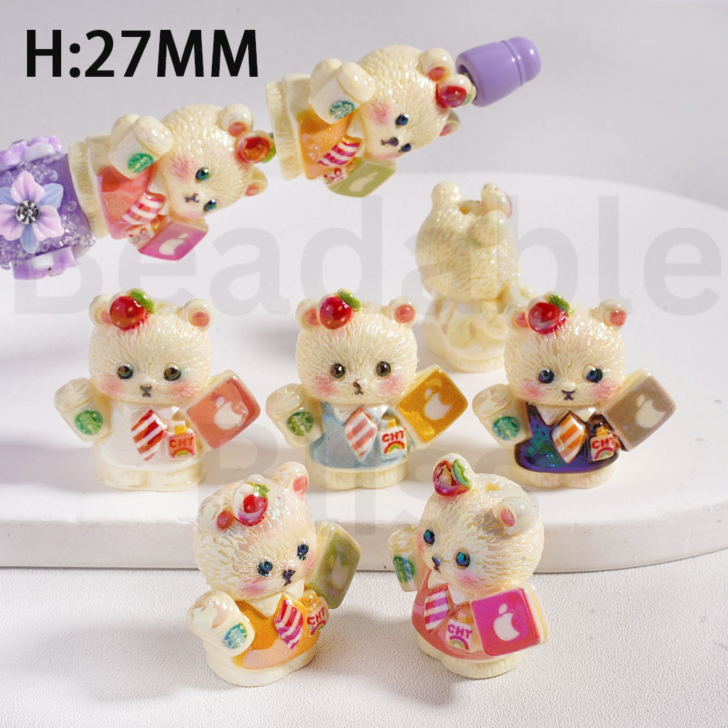 Acrylic Beads UV Coating Cute Bear Holds Coffee Laptop with Suit, 27MM Height, Random Mix