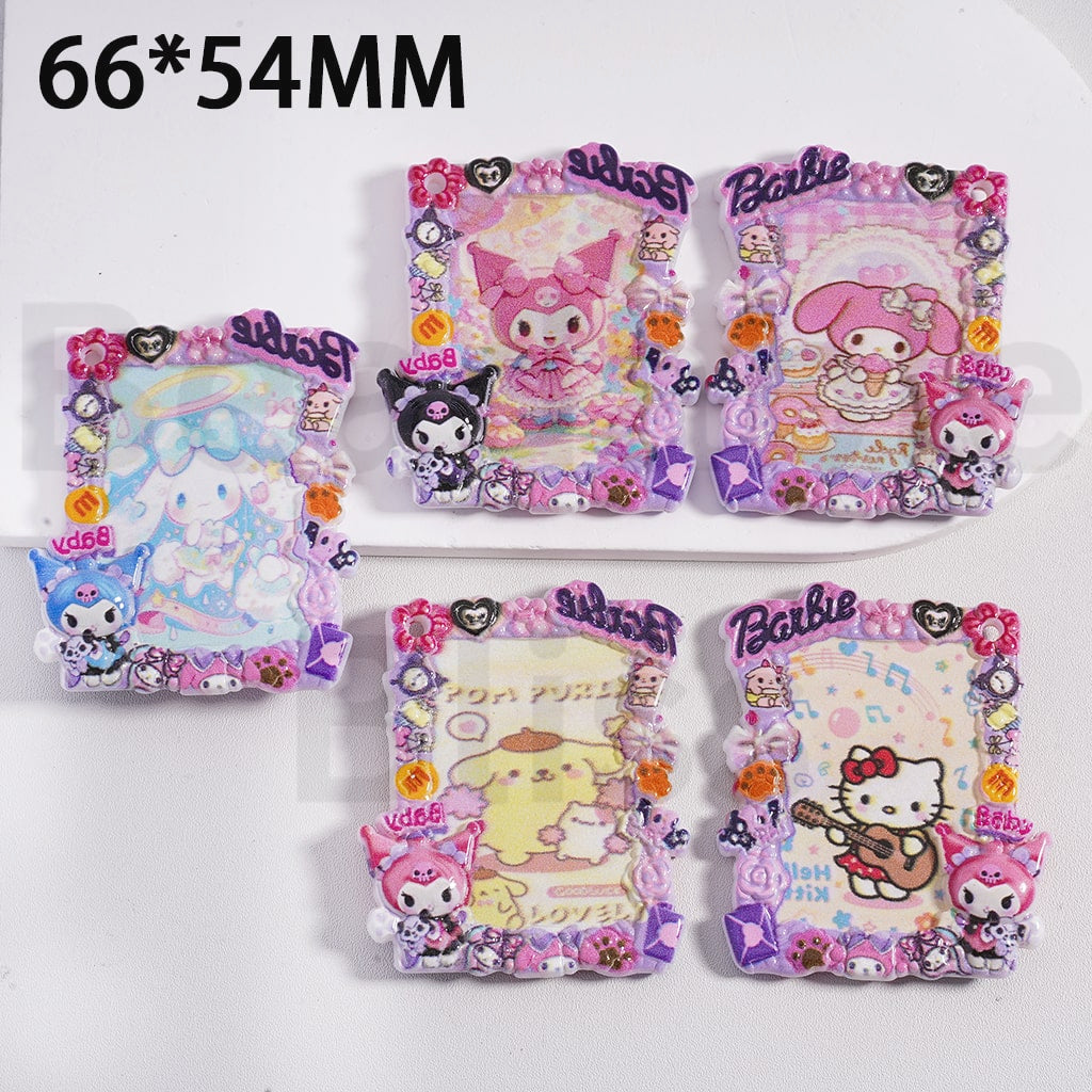 Acrylic Beads Cute Sanri Family & Barbi Series Hello Kitt Cinnamonrol My Melod Kurom Pom Pom Puri Photo Frame, 66*54MM, Random Mix