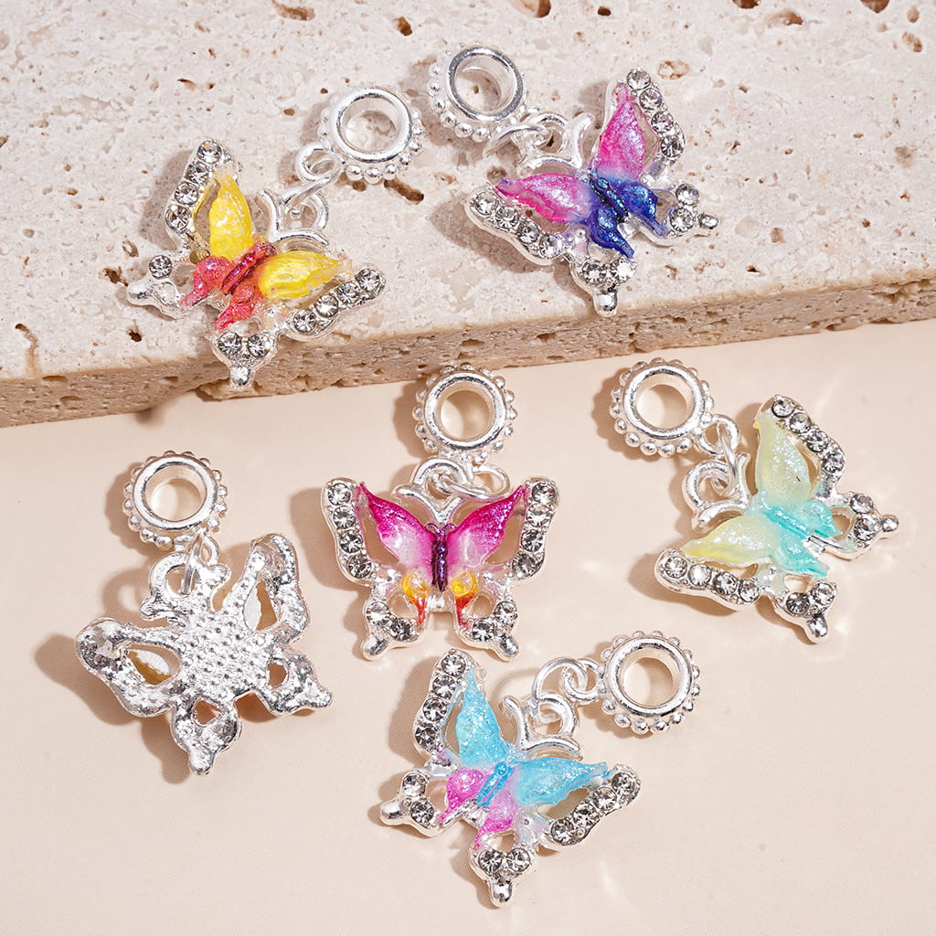 Silver Color Metal Beads with Bail Dangle Charm Pendant Jewelry Accessories Double‑Color Butterfly Rhinestones