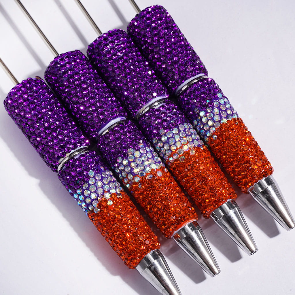 Beadable Clay Pens with Purple & AB & Orange Rhinestones in Three Layer Covered the Entire Pens