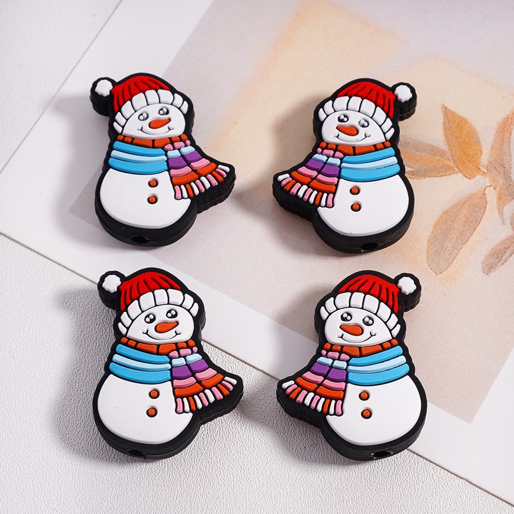 Silicone Focal Beads Cute Snowman with Red Christmas Hat Scarf
