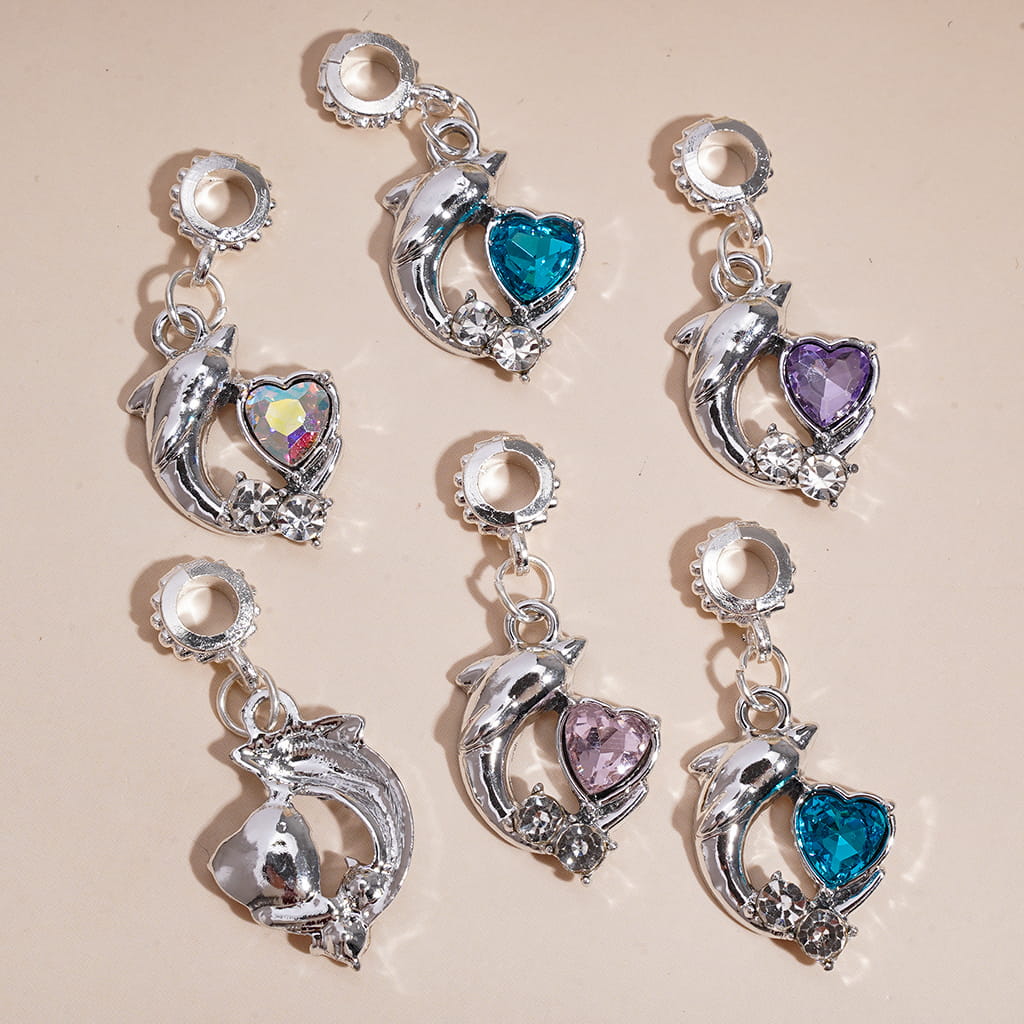 Silver Alloy Bail Ring Beads, Charm Pendants Dolphin with Heart & Round Clear Rhinestones, Jewelry Accessories, Random Mix