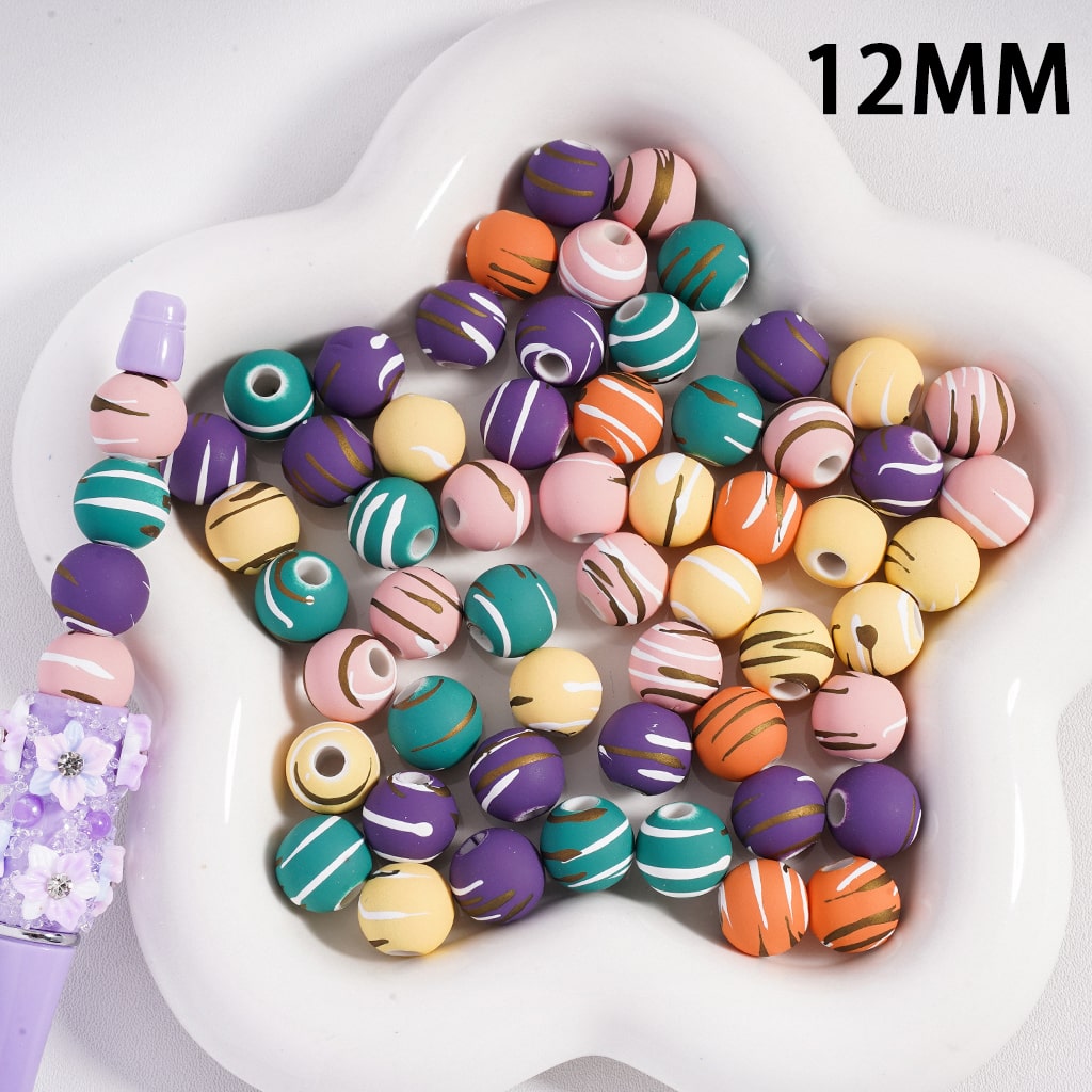 Acrylic Beads Matte Color with White Golden Stripes, Large Hole, 12MM, Random Mix