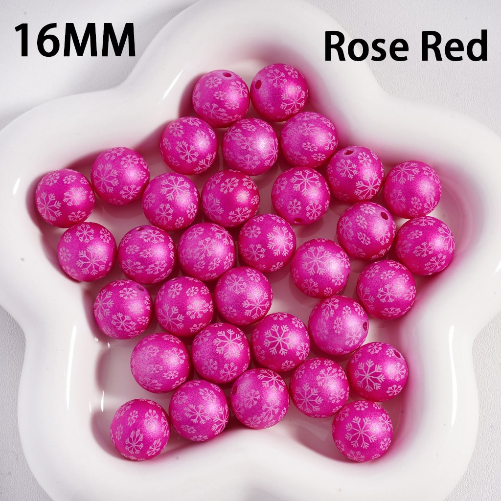 Acrylic Beads Frosted Matte Snowflakes Prints Christmas, Solid Color, 16MM