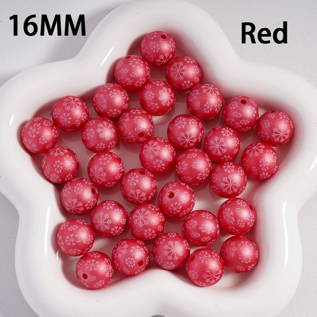 Acrylic Beads Frosted Matte Snowflakes Prints Christmas, Solid Color, 16MM