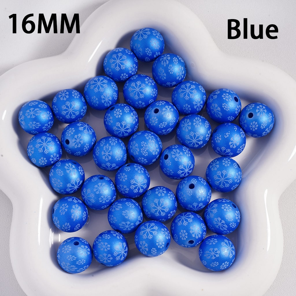 Acrylic Beads Frosted Matte Snowflakes Prints Christmas, Solid Color, 16MM