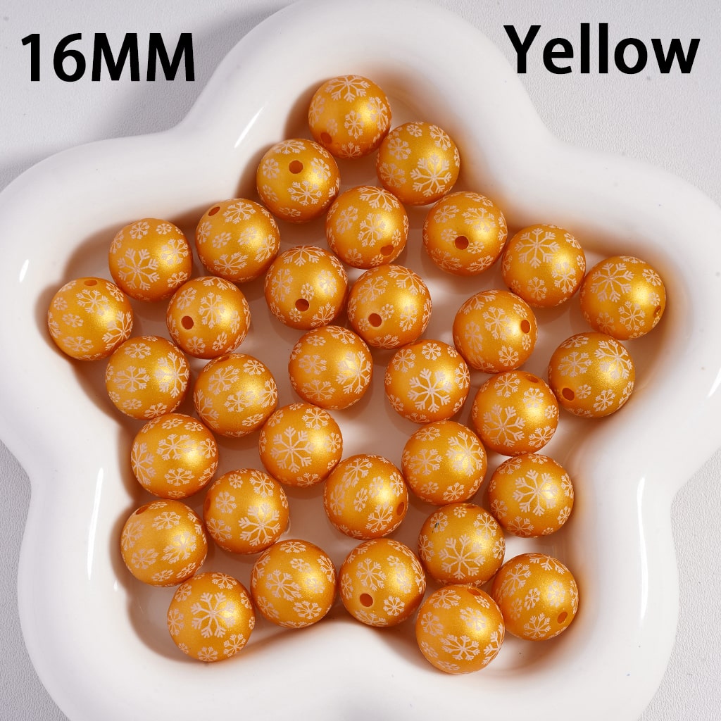 Acrylic Beads Frosted Matte Snowflakes Prints Christmas, Solid Color, 16MM
