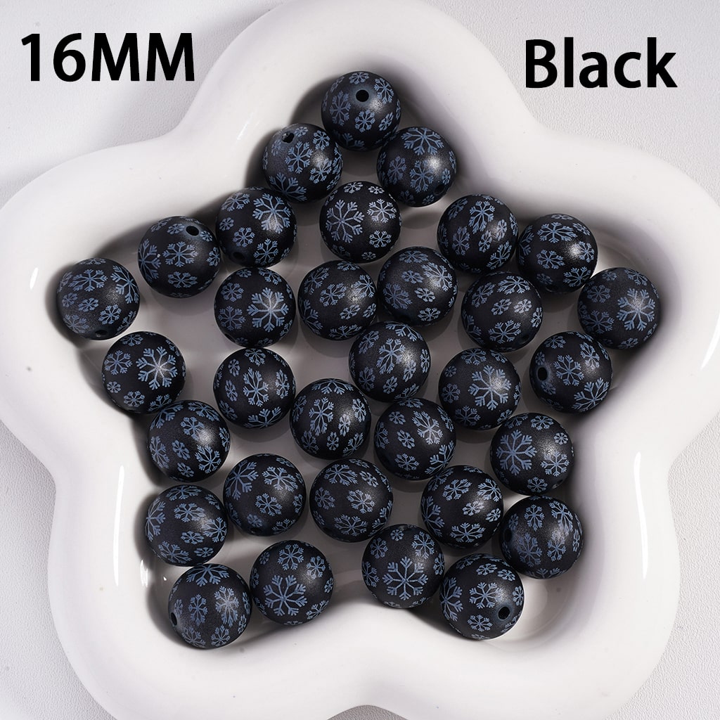 Acrylic Beads Frosted Matte Snowflakes Prints Christmas, Solid Color, 16MM