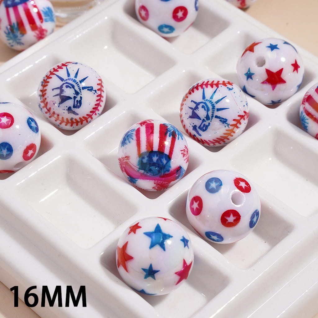 Acrylic Beads for Bracelets UV Coating USA American Independence Day Theme, 16MM, Random Mix