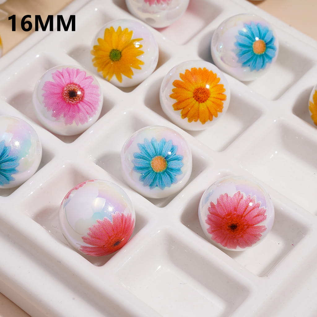 Acrylic Beads for Bracelets UV Coating with Daisy Flower Prints, 16MM, Random Mix