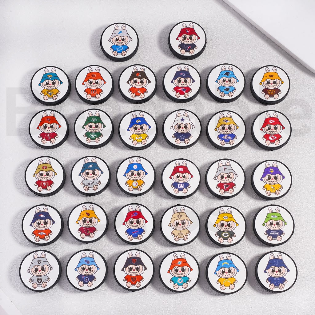Silicone Focal Beads L-B-B & American Football Team NF Series, Flat Round Shape