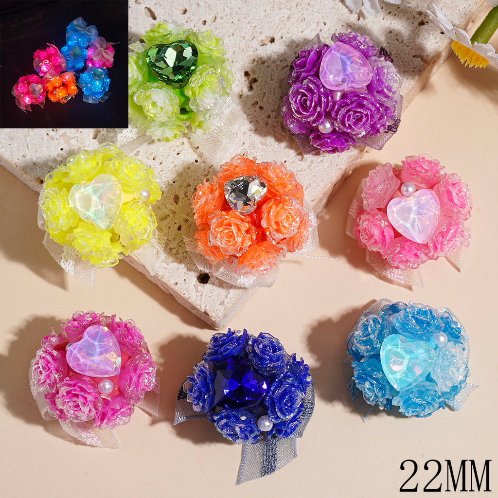 Clay Beads with Luminous Gold Glitter Flower and Lace Fabric Bowtie, Heart Shaped Rhinestone & White Pearl 22MM Multi-Color Random Mix