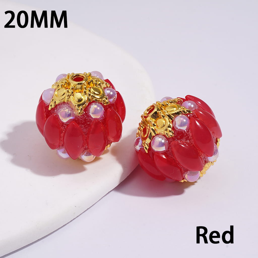 Handmade Acrylic Beads w Gold Alloy Six Pointed Flower on Both Base Sides, w Salix Leaf Rhinestones and Half-Shell Pearls, Candy Colors, 20MM