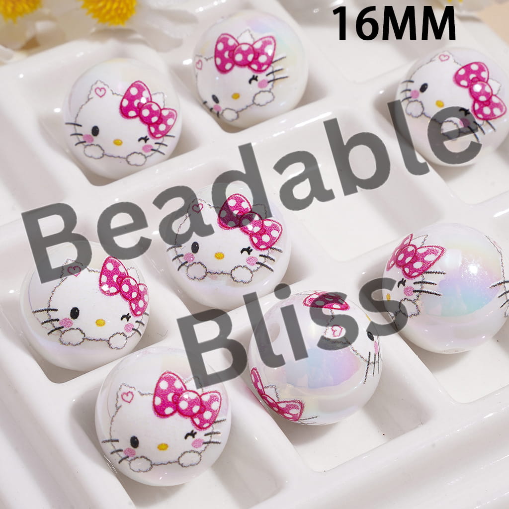 Acrylic Beads for Bracelets UV Coating Cute Cat Character with Pink Bowtie Prints, 16MM, Random Mix