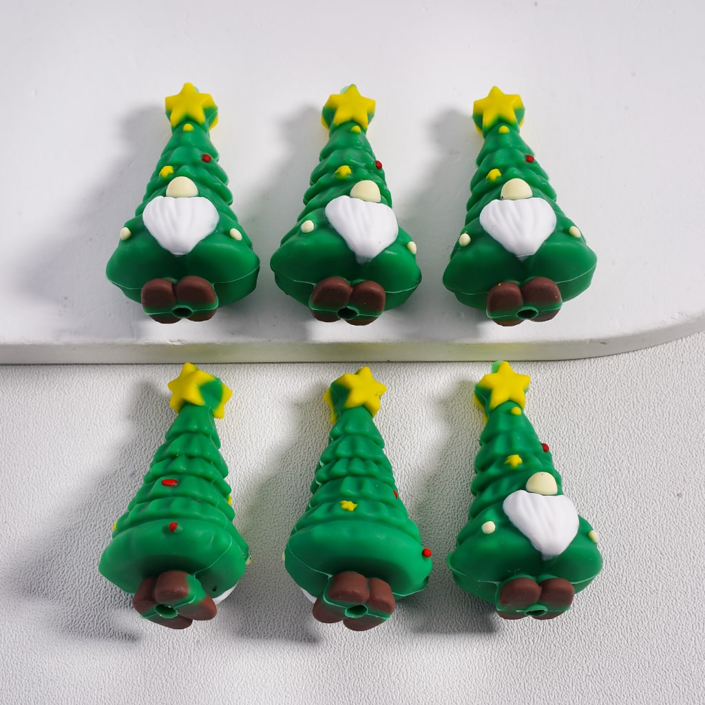 Silicone Focal Beads 3D Cute Christmas Tree with White Beard Yellow Star