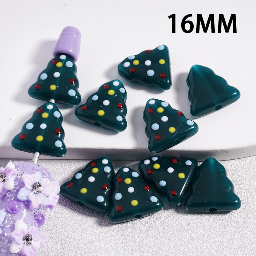 Acrylic Beads Mini Cute Red & Green Christmas Tree with Colorful Dots, 16MM Height