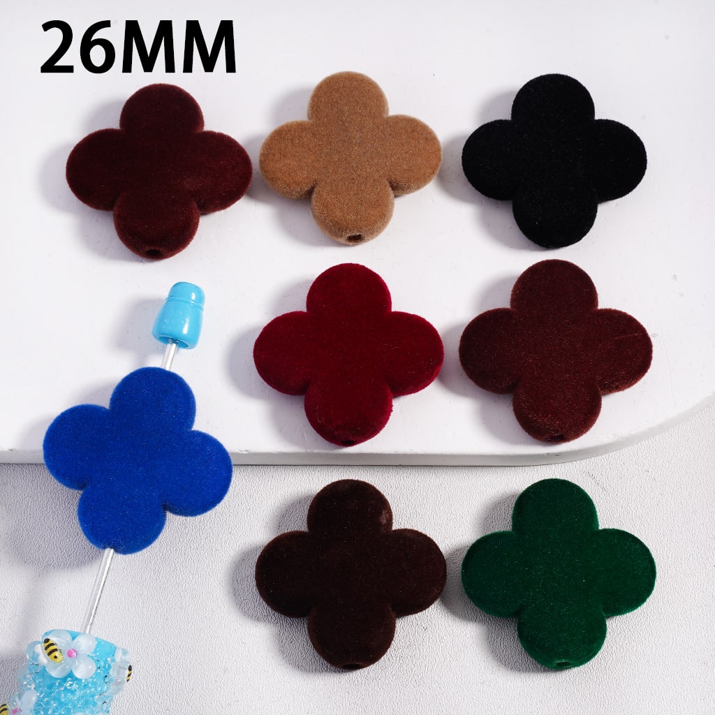 Acrylic Beads Cute Flocked Fluffy Four Leaf Clover Flower, Dark Colors, 26MM, Random Mix