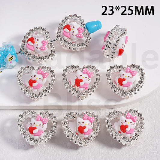 Fancy Silver Alloy Heart Frame Beads with Cute Hello Kitty Clear Rhinestones, 23*25MM