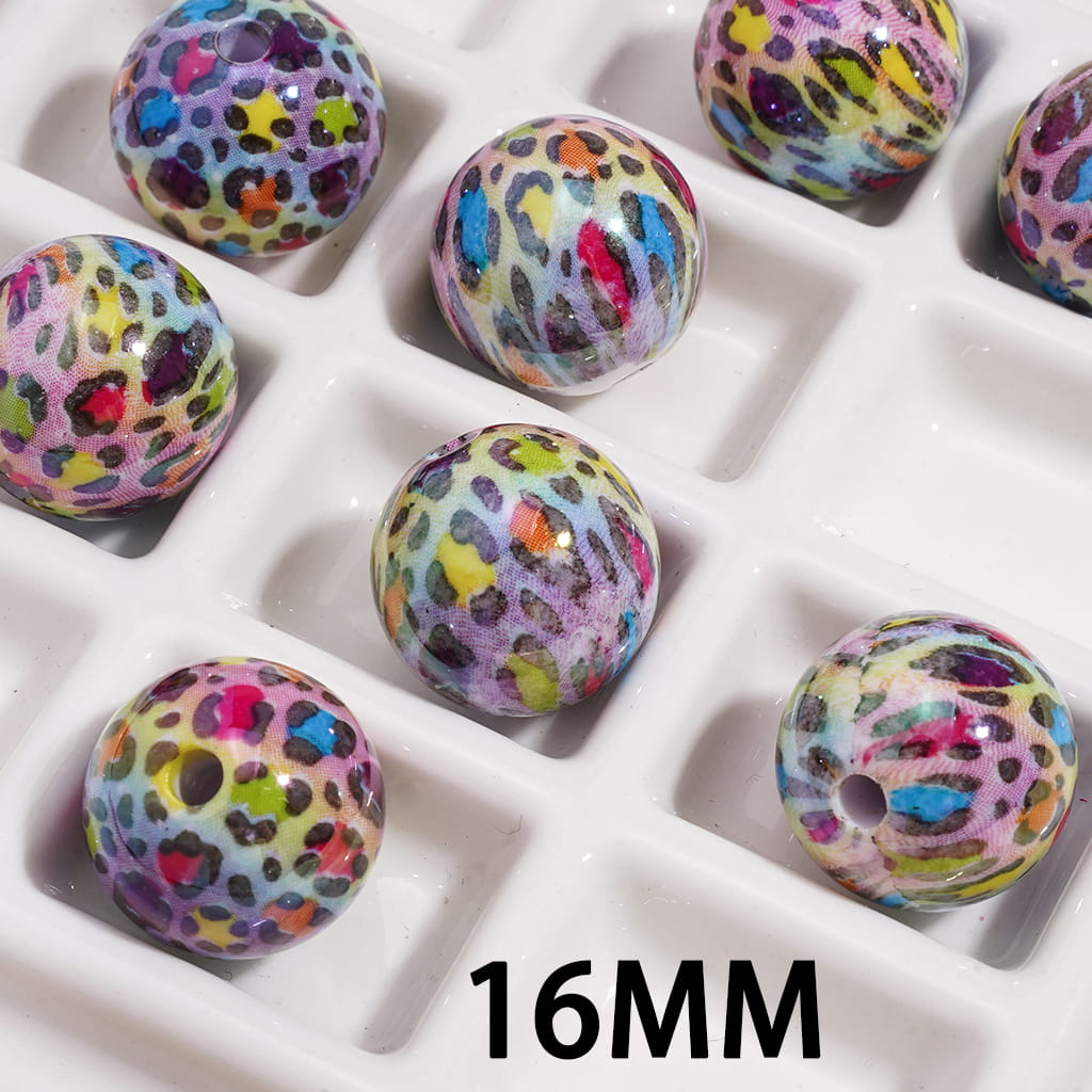 光沢のあるカラフルなジャガープリントの丸型アクリルビーズ、16MM