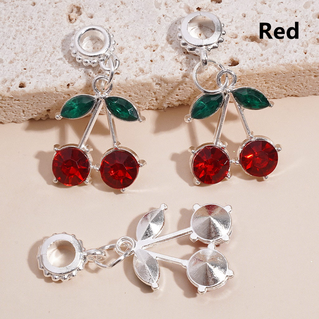 Silver Color Metal Bail Beads with Dangle Charm Pendant Jewelry Accessories with Butterfly & Cherry Rhinestones
