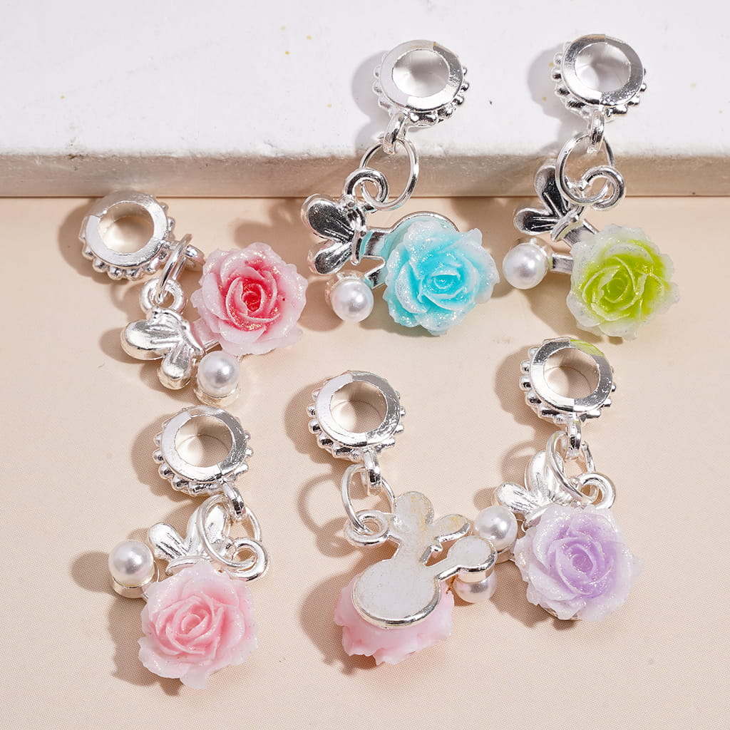 Silver Alloy Bail Beads, Charm Pendant with Glittery Rose Flower and Pearl, Multi-Color, Random Mix