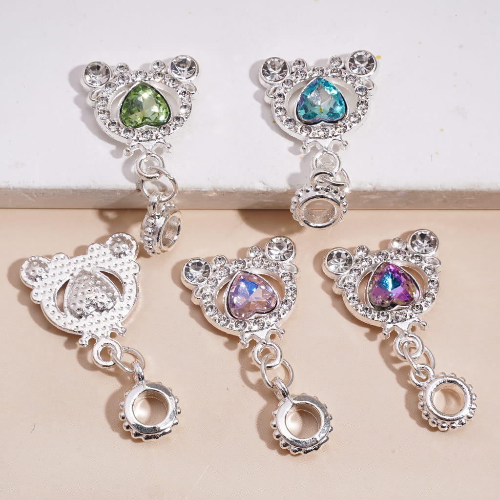 Silver Metal Bail Loop Beads, Charm Pendant European Carriage Shape with Heart Rhinestones, Multi-Color, Random Mix