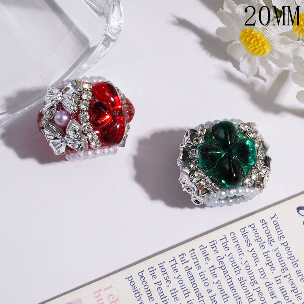 Handmade Acrylic Beads Christmas Theme w Teardrop & Heart Rhinestones, Silver Bowtie & Half-Shell Pearl, Clear Rhinestone & White Pearl Chains, Red and Green, 20MM Random Mix