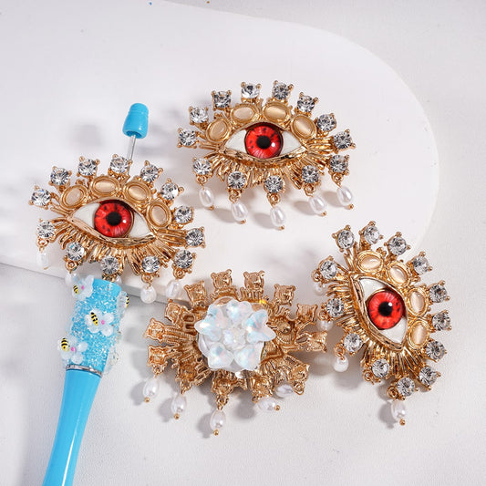Fancy Gold Alloy Evil Eye with Clear Rhinestones White Pearls Pendants Cute Heart Butterfly Snowflakes Clay Beads