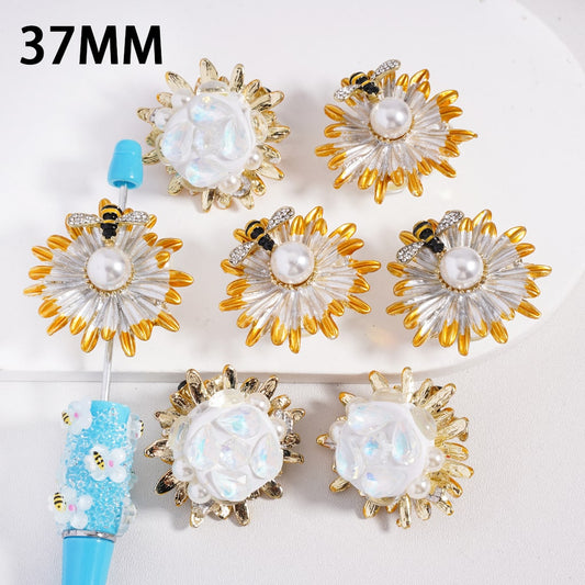 Fancy Alloy Daisy Flower Bee with White Pearl Clear Rhinestones Cute Water Drop Snowflakes Clay Beads, 37MM