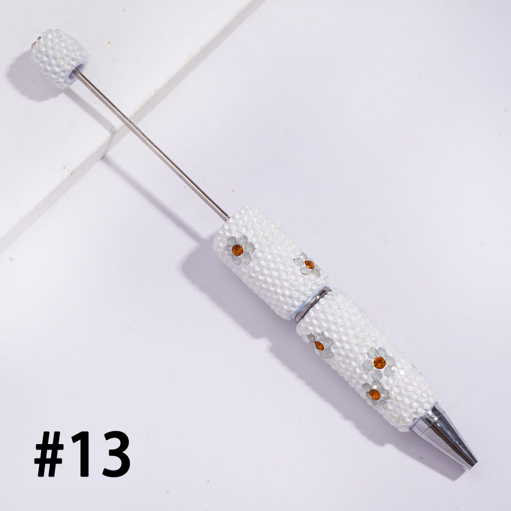 Beadable Clay Pens with White & Gold Flowers Shiny Rhinestones Covered the Entire Pen, Fluorescence Colors