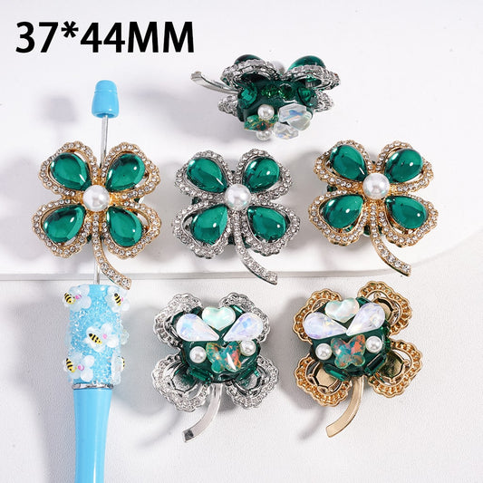 Fancy Gold & Silver Alloy Four Leaf Clover with Large Green Water Drop Crystal Clear Rhinestones White Pearl Cute Heart Butterfly Clay Beads, 37*44MM