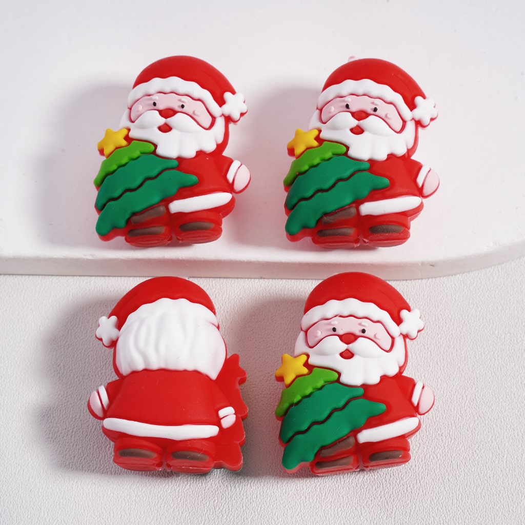Silicone Focal Beads 3D Cute Father Christmas Sant Clau Holds Christmas Tree