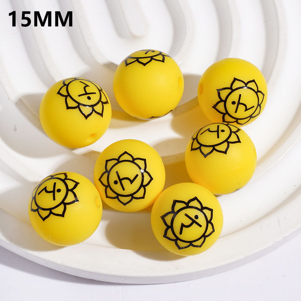 15MM - The Seven Chakra Lotus-Shaped Indian Yoga Printed Silicone Beads, Multi-Color