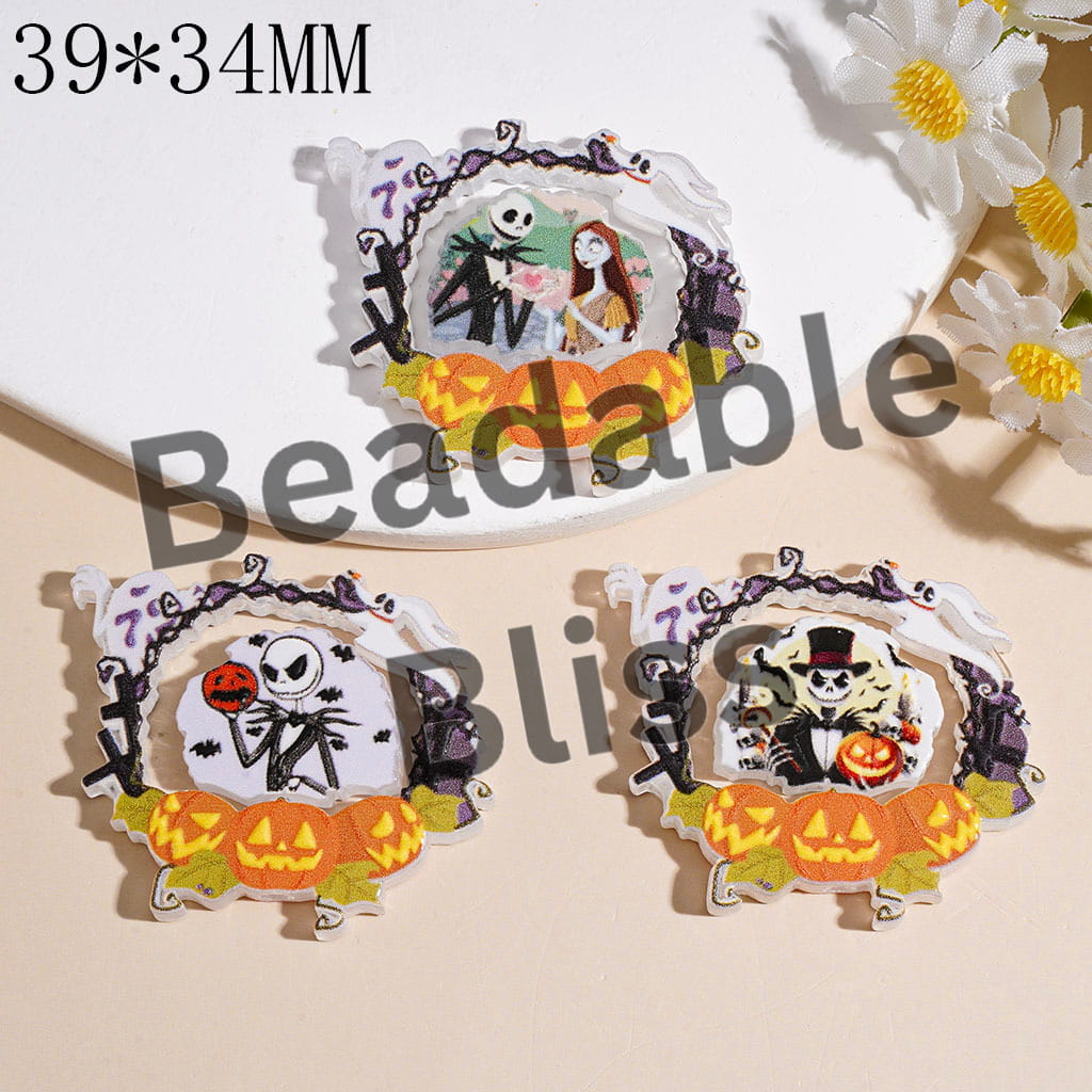Halloween Theme Acrylic Beads Red Hair Girl and Boy Skeleton Skull Couple Character Horror Pumpkin Ghost Frame, 39*34MM Random Mix (Please Read Description)