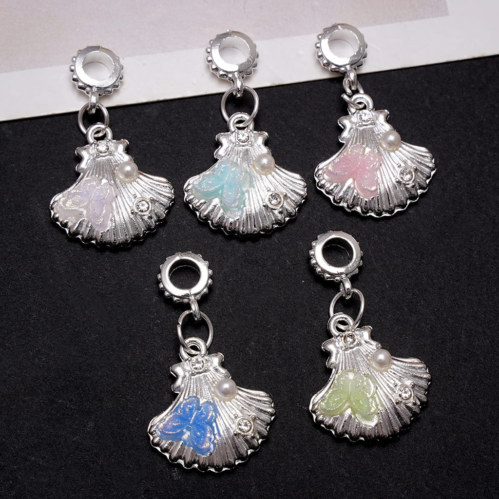 Alloy Bail Loop Beads, Charm Pendants Seashell with Butterfly and White Pearl, Assorted Colors, Random Mix