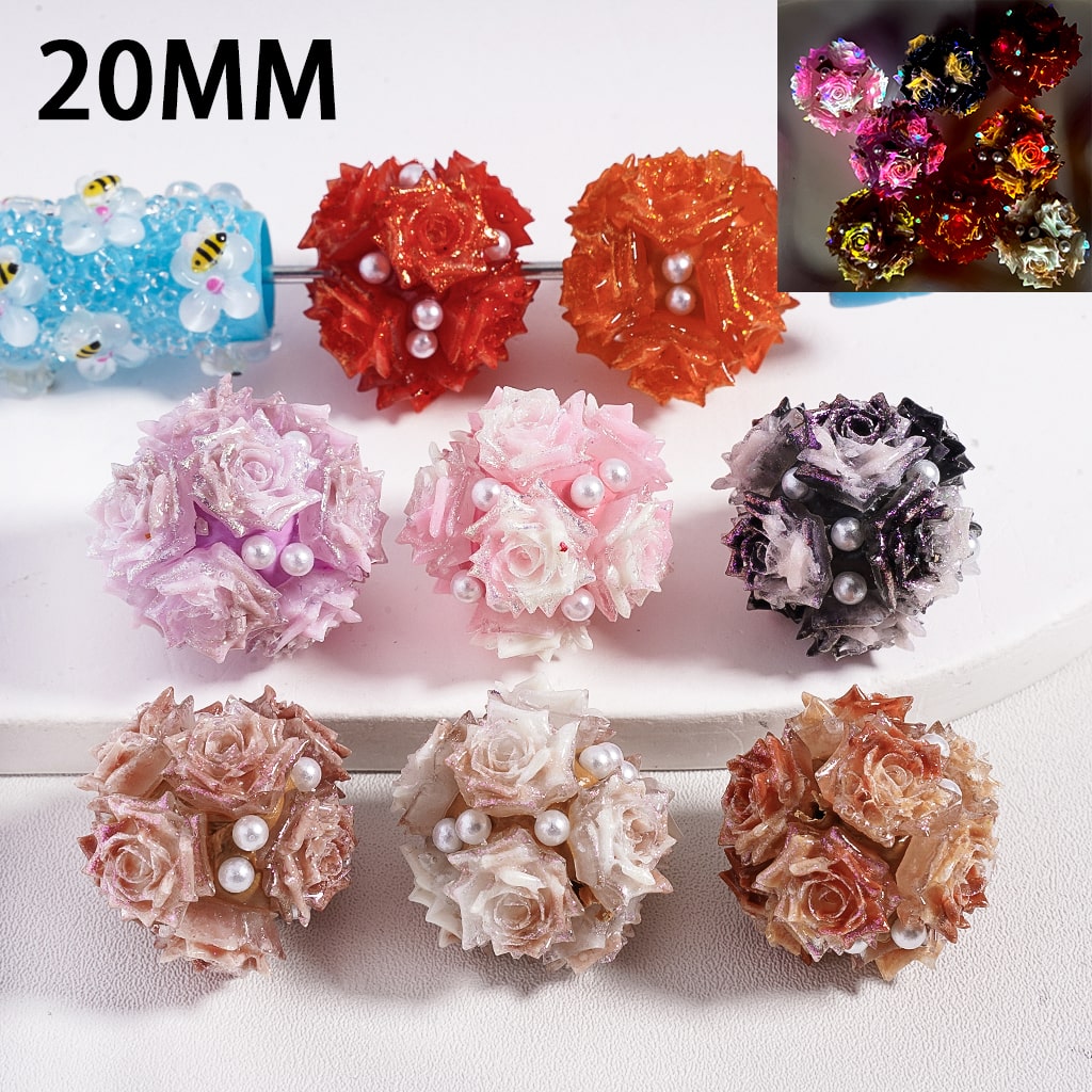 Clay Beads Luminous Glitter Rose Flowers White Pearls, 20MM